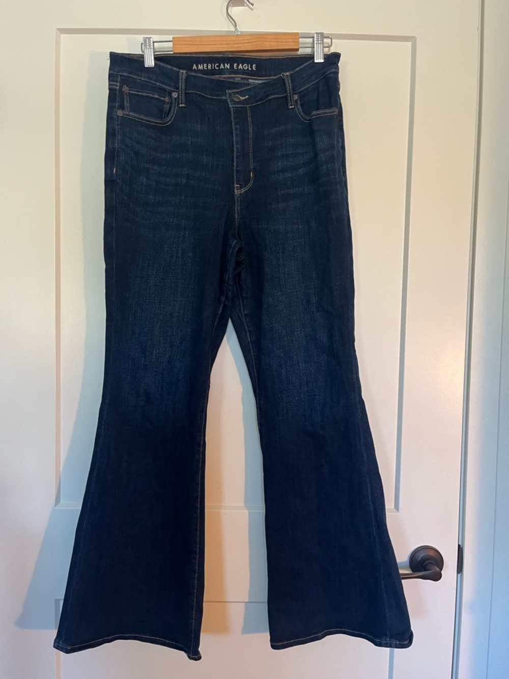 American Eagle Super High Rise Flare Dark Wash Jeans Boho Festival Western 14